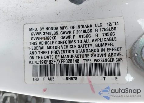 2015 Honda Civic Se z USA, uszkodzony, nr VIN 19XFB2F7XFE028148